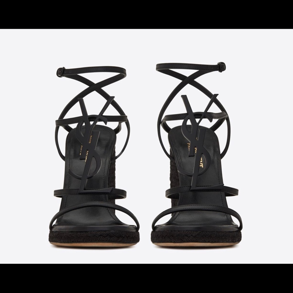YSL CASSANDRA WEDGE ESPADRILLES IN LEATHER WITH BLACK MONOGRAM. Size 36.5